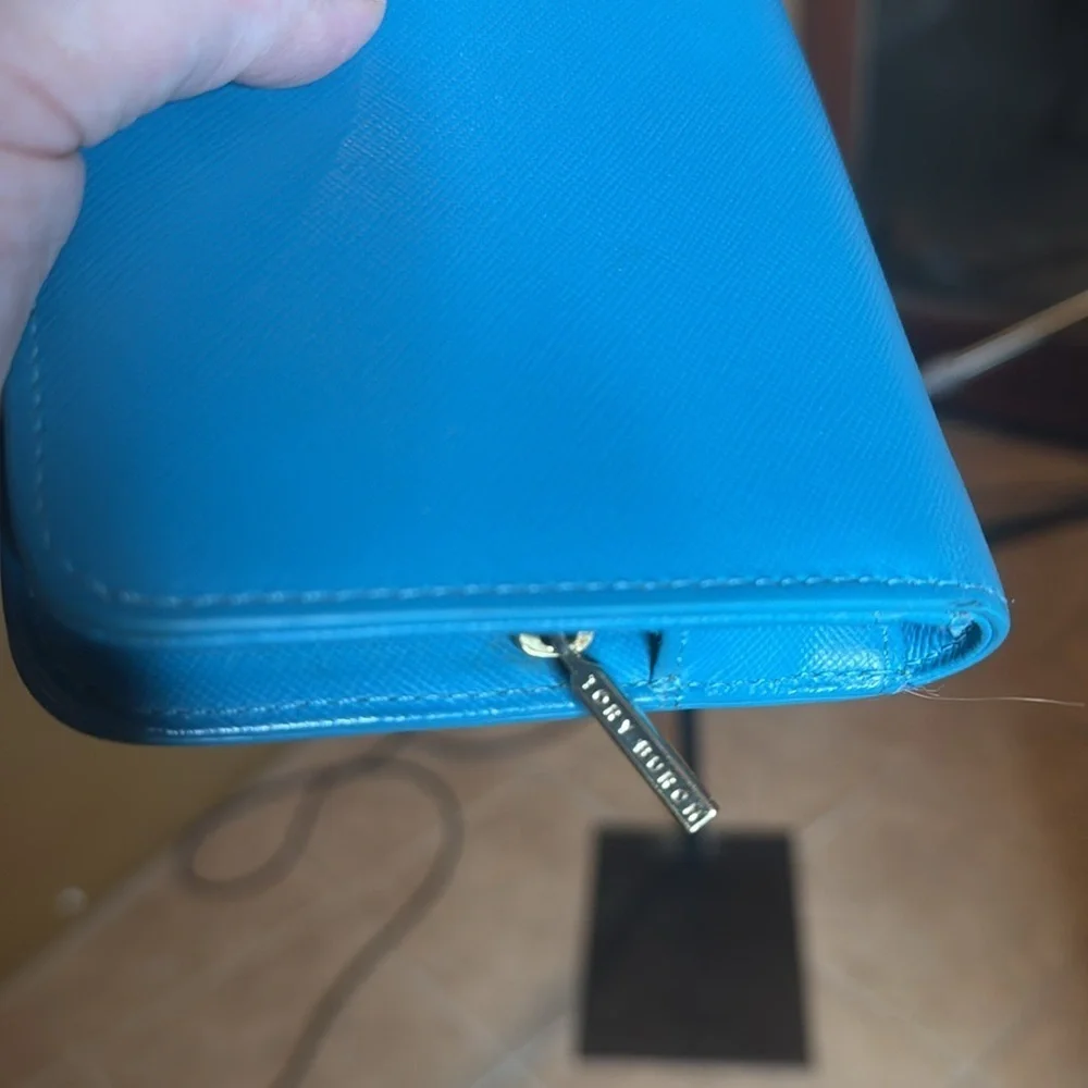 TORY BURCH Zip Around Snap Blue Leather Logo Wallet Clutch